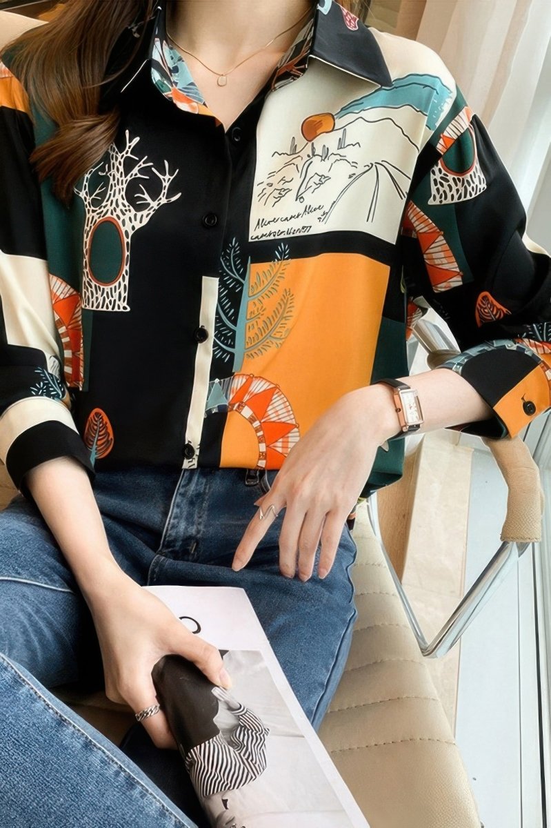 Blouse loose fit chain print drop shoulder summer top