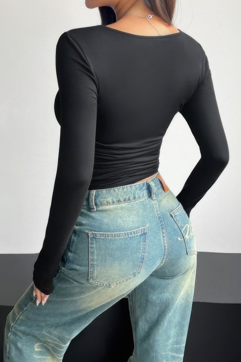 Top Black Polyester‑Elastane Slim Square‑Neck Top