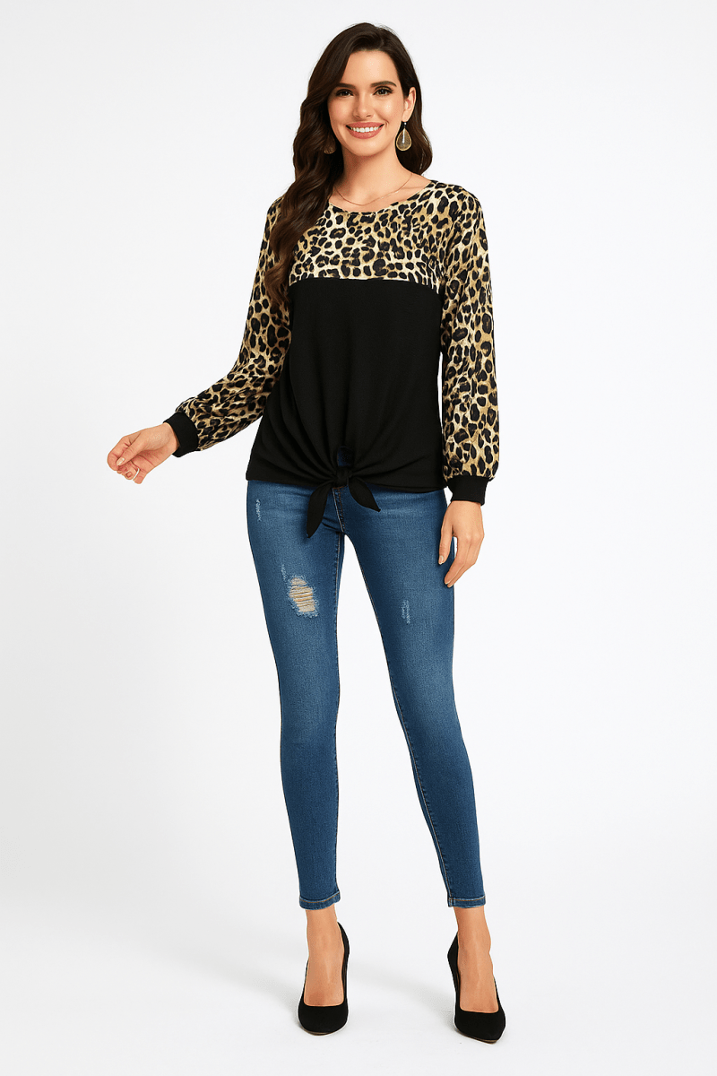 Top Leopard Stitching Knit Loose Pullover With Bow