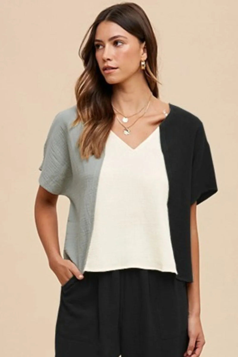 Color Block Cotton Gauze V-Neck Top for Summer Looks