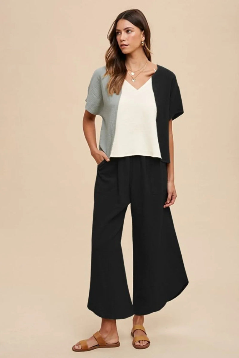 Color Block Cotton Gauze V-Neck Top for Summer Looks