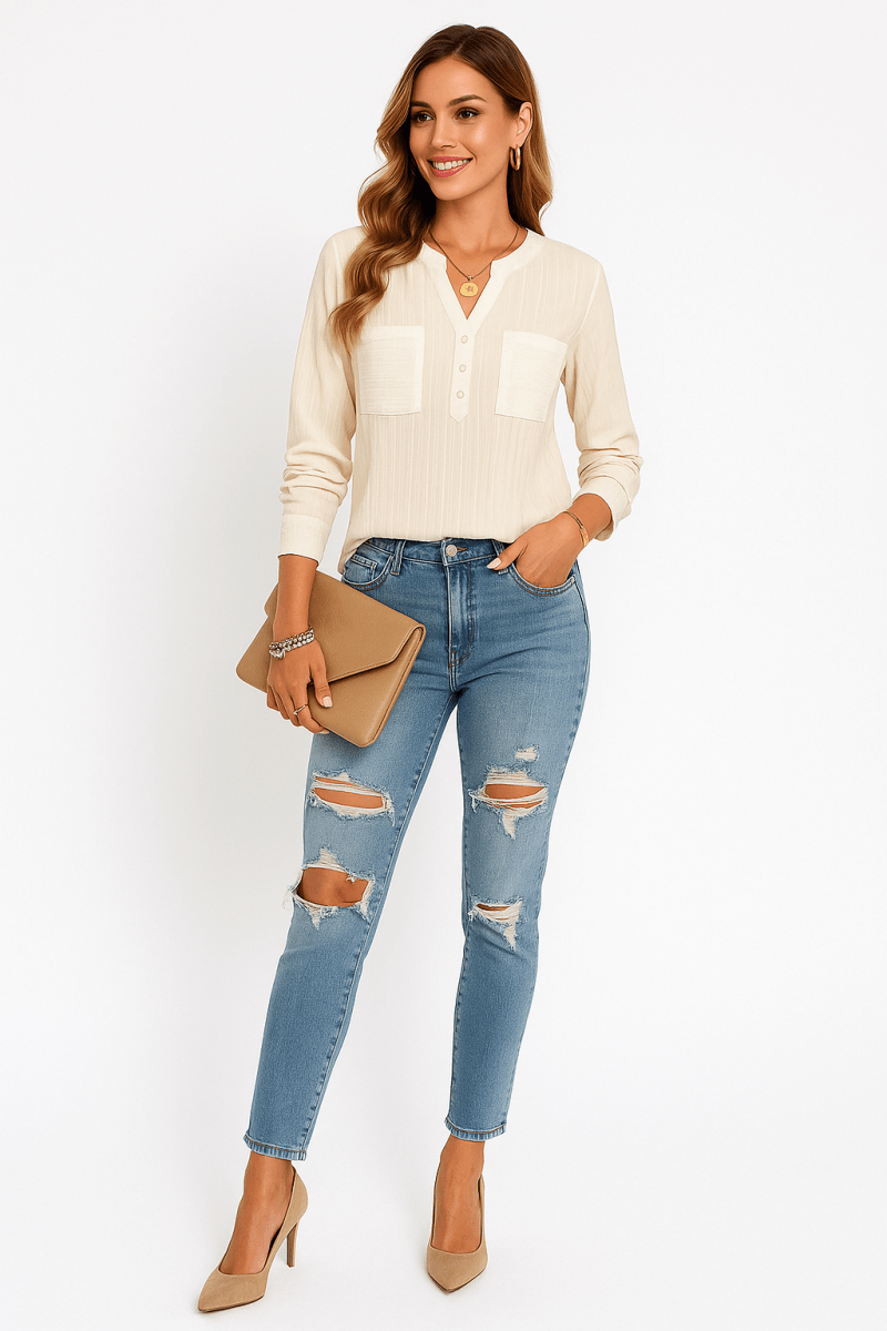 Blouse Drop Shoulder V-Neck Button Lightweight Daily Top