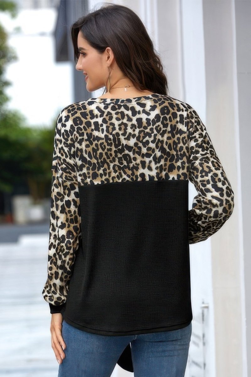 Top Leopard Stitching Knit Loose Pullover With Bow