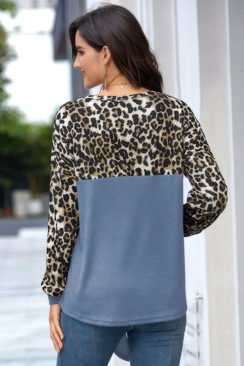 Top Leopard Stitching Knit Loose Pullover With Bow