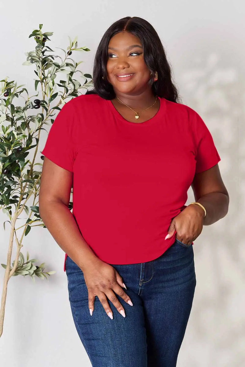 Short Sleeve Slit Hem Tunic Top for Office and Everyday Wear