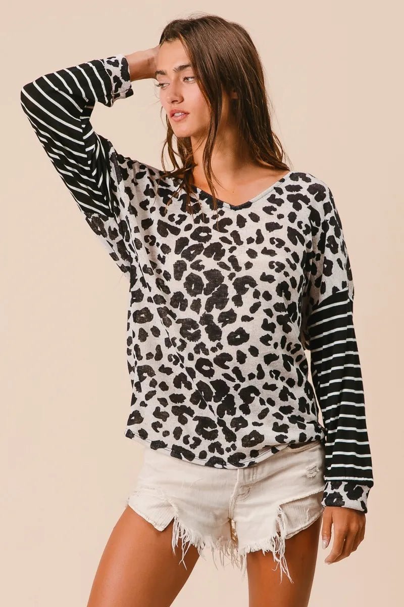 Casual Leopard Print T-Shirt With Striped Sleeves – Cotton