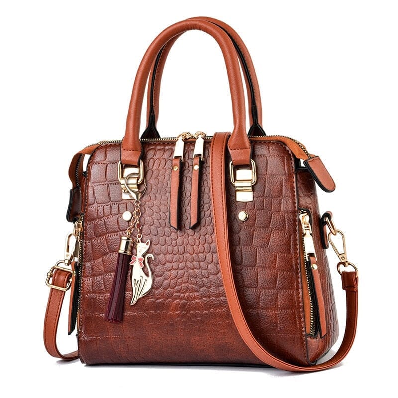 Bolsa Feminina de Couro Legetímo Relevo Crocodilo Escala Luxo Marrom