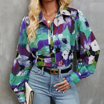 Camisa Feminina de Poliéster Estampa Tie Dye Floral