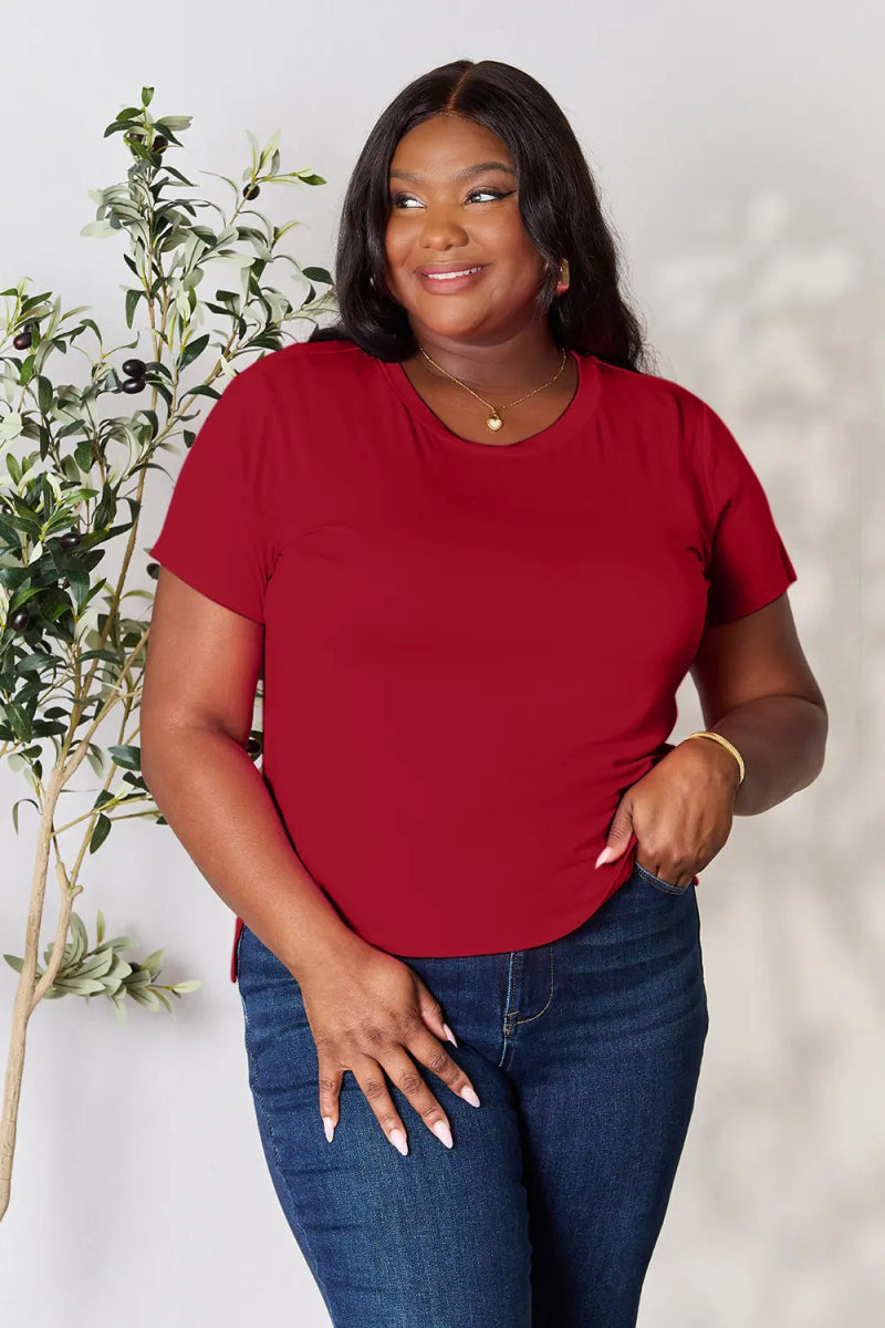 Soft stretch rayon short sleeve top – 95% rayon, crew neck