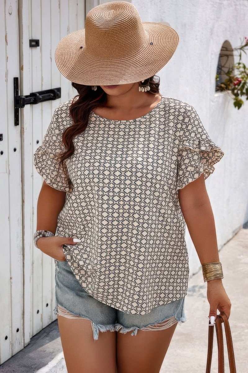 Shirt Printed Loose Fit Ruffle Sleeve Summer Top Plus