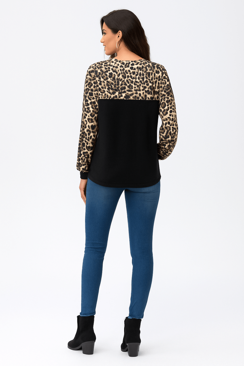 Top Leopard Stitching Knit Loose Pullover With Bow