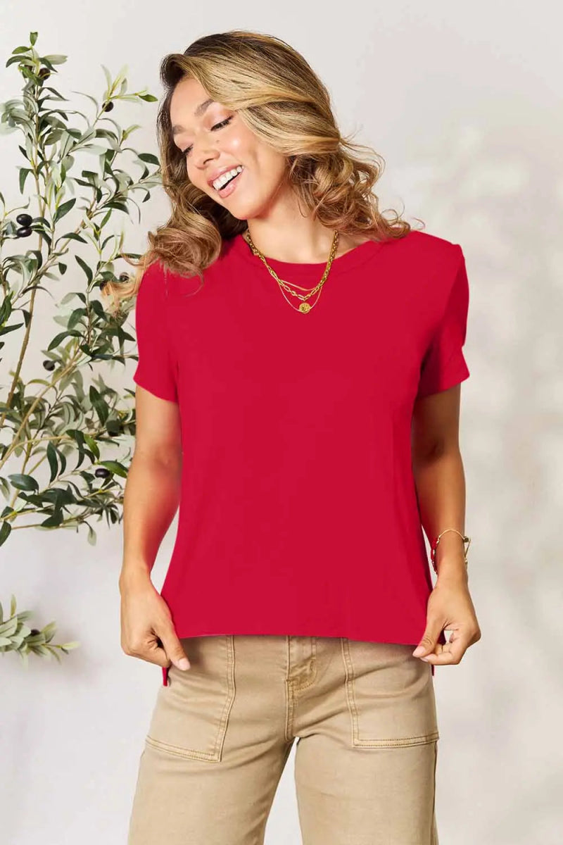 Short Sleeve Slit Hem Tunic Top for Office and Everyday Wear