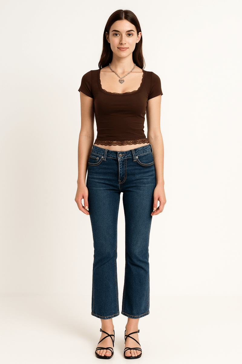 Top square neck lace trim high waist casual tank