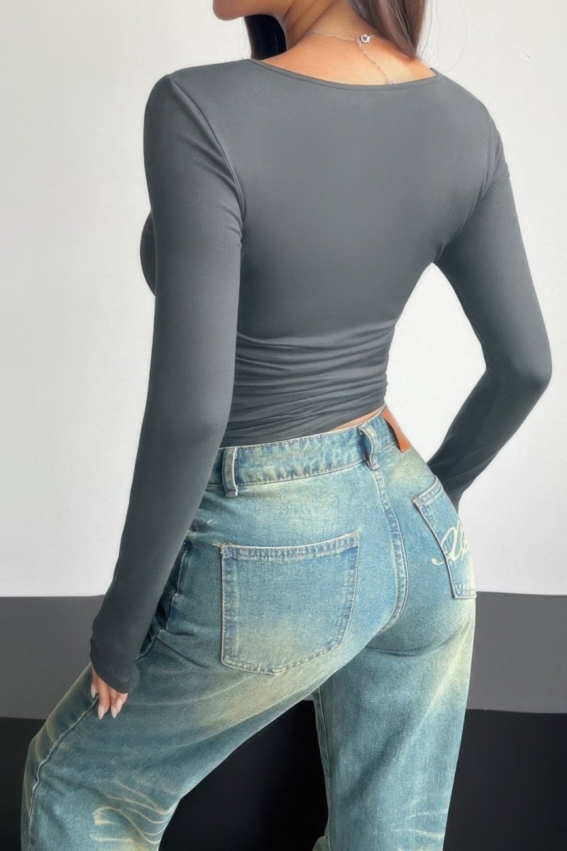 Top Black Polyester‑Elastane Slim Square‑Neck Top