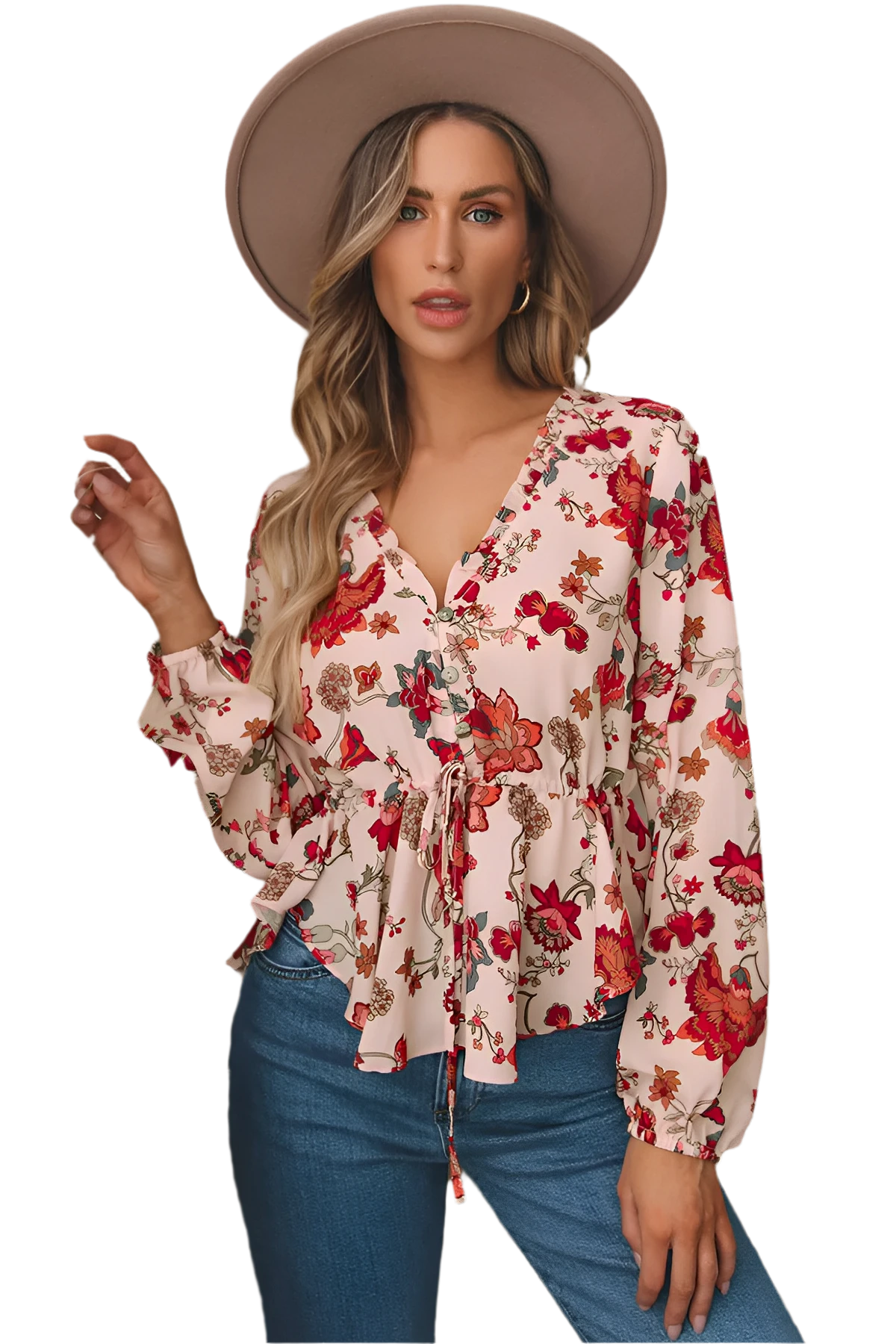 Floral Drawstring Peplum Blouse For Casual Wear