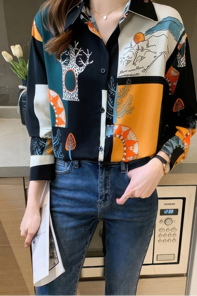 Blouse loose fit chain print drop shoulder summer top