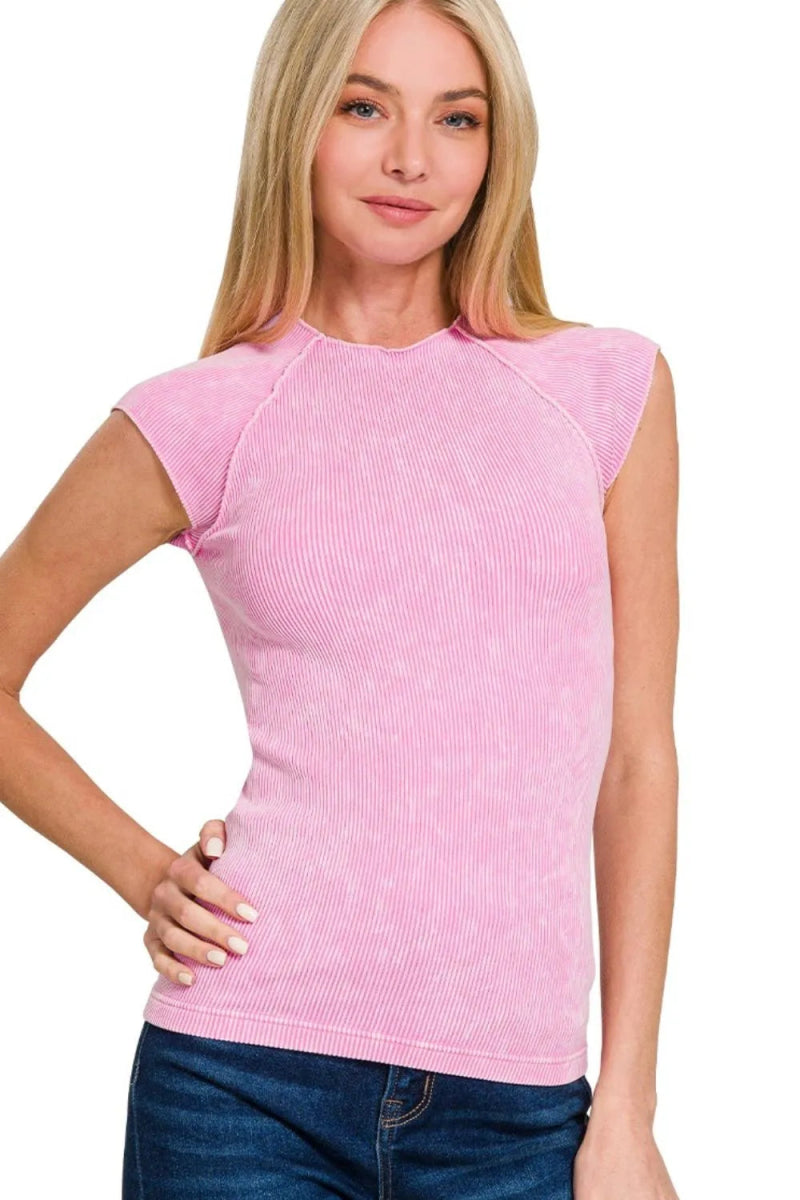 Ribbed Sleeveless Top Crew Neck Casual Acid Wash Fit