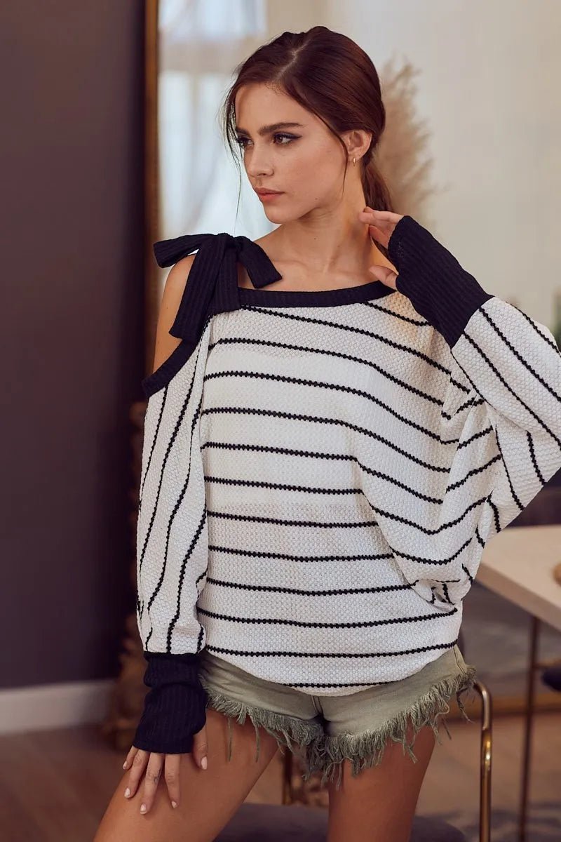 One-Shoulder Waffle Textured Ribbon Top for Everyday Style